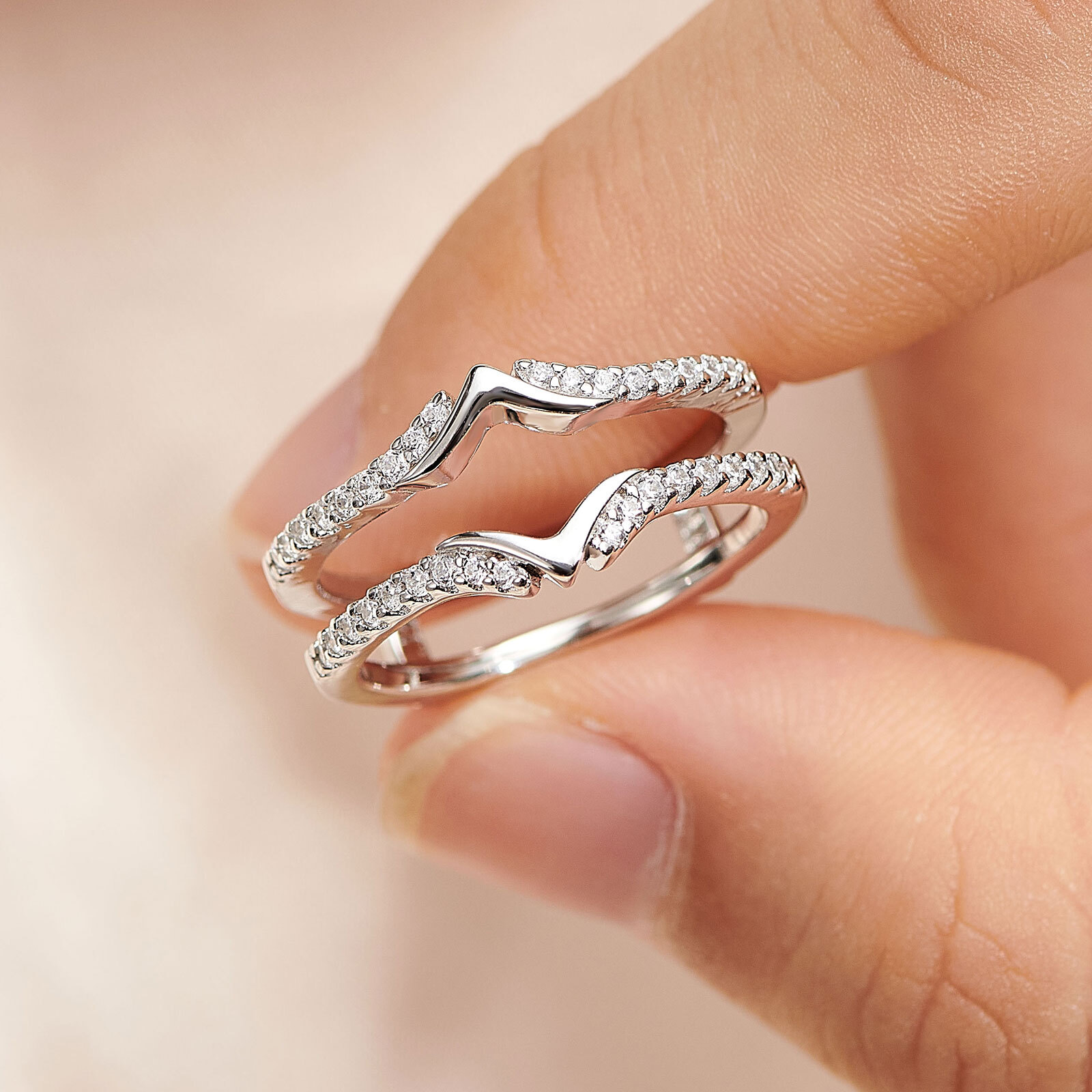 V-shape Wedding Band for Her Ring Wrap Guard for Engagement Ring 925 Silver