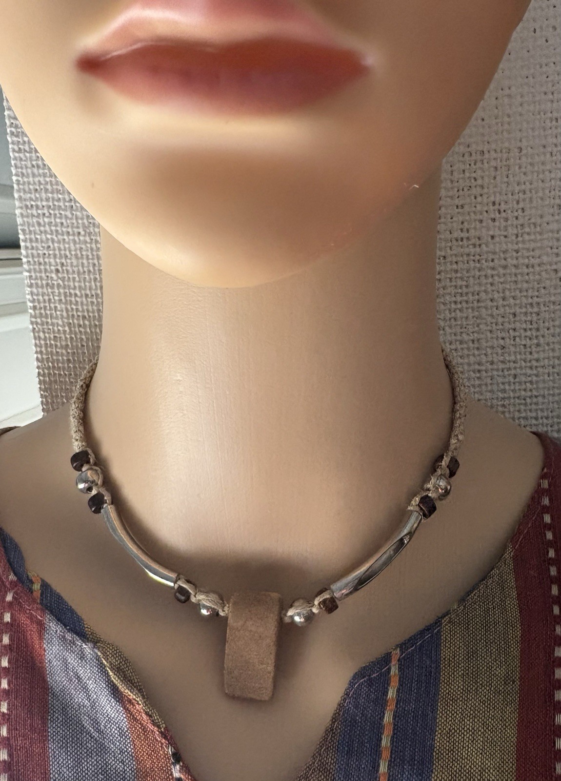 Silver Brown hemp Choker Necklace Rectangle Charm Pendant Adjustable Tie