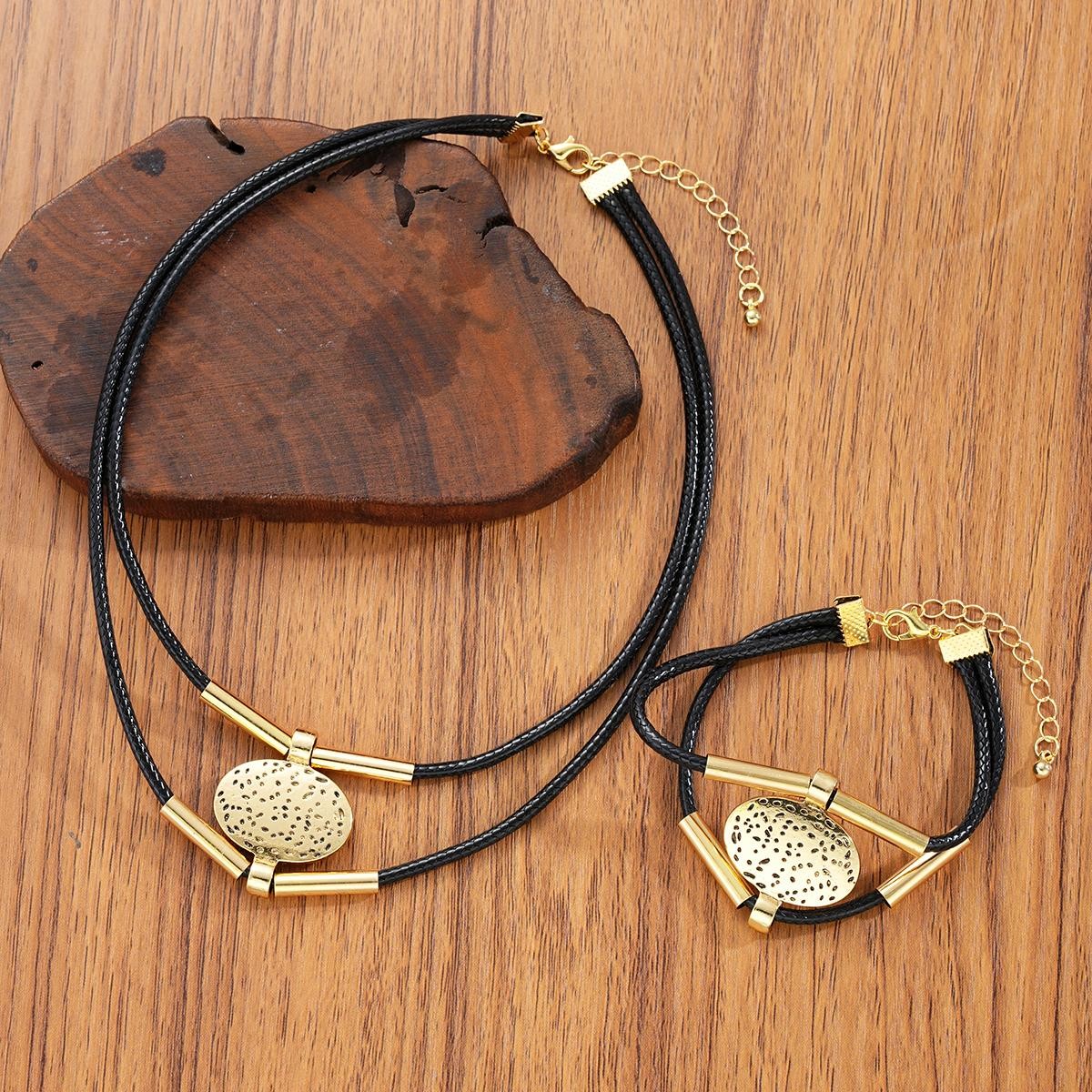 Vintage Oval Faux Leather Necklace Bracelet Set Women Gold Silver 2pc Jewelry