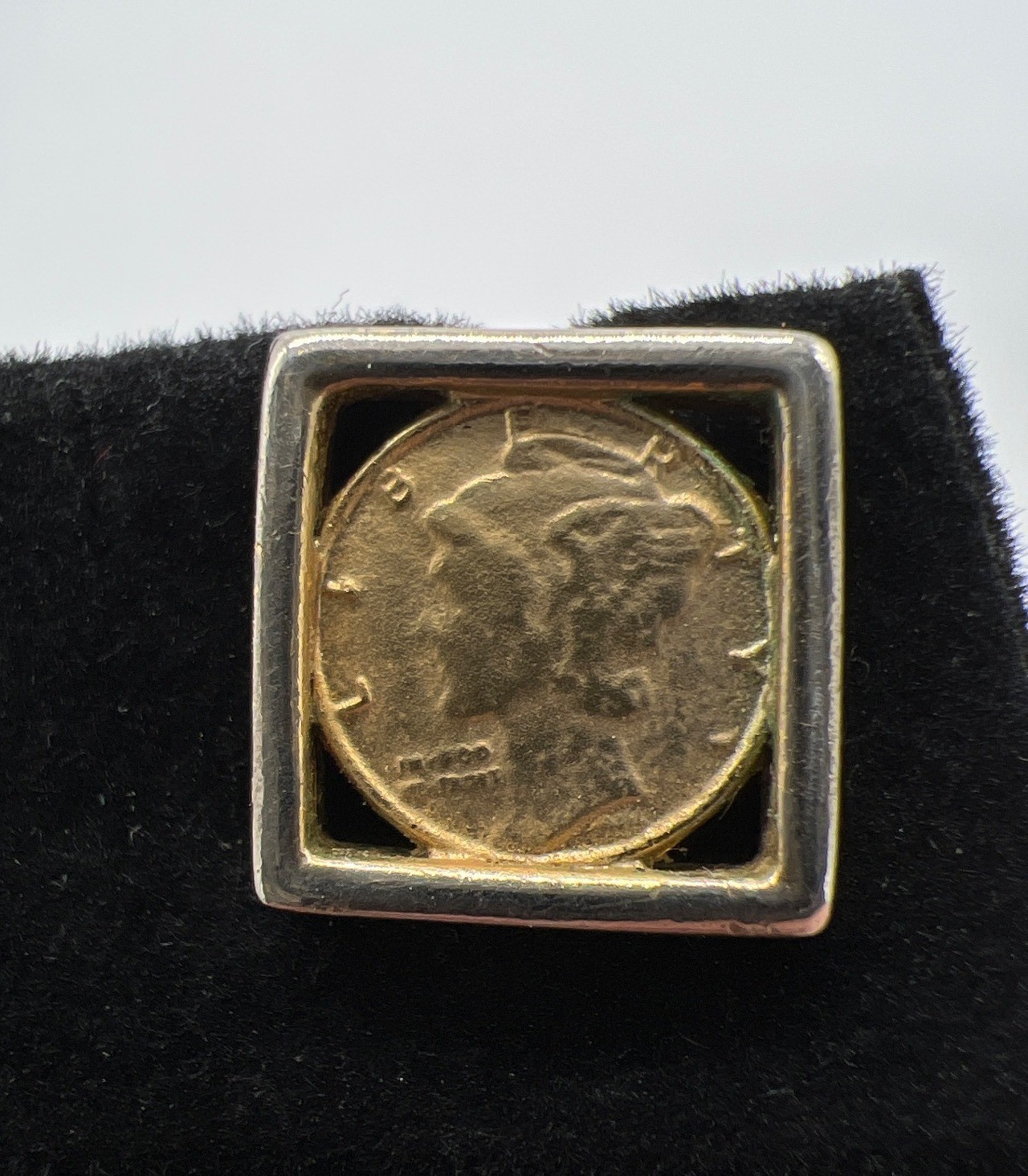 Vintage Mercury Dime Square Bezel Stud Earrings In Silver & Gold