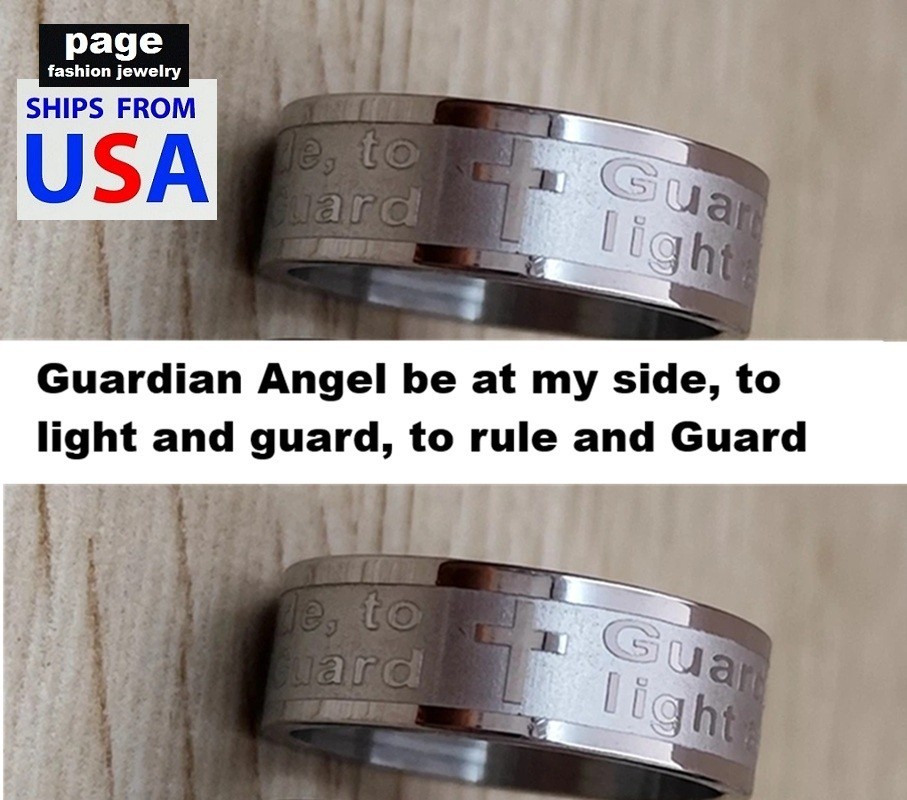 1pc Etched Guardian Angle Prayer Stainless Steel Jesus Religion Ring Size 6-12