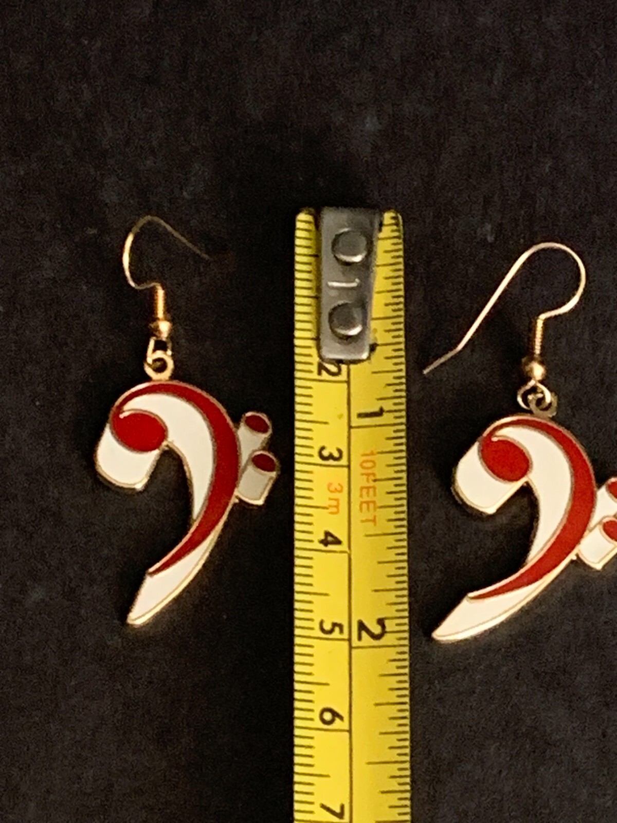 Vintage Bass Clef Red White Enamel Dangle Musical Note Earrings Future Primitive