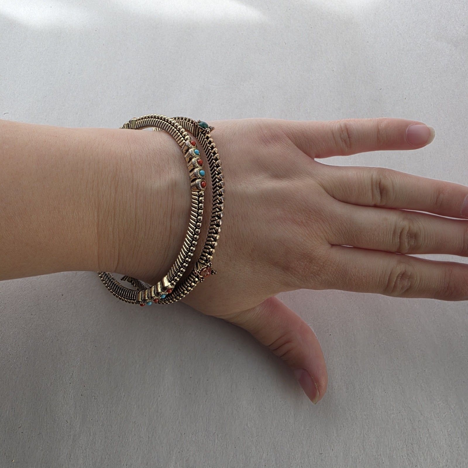 Graziano Italy Bangle Bracelet 2 Piece Set Statement Antiqued Gold With Stones