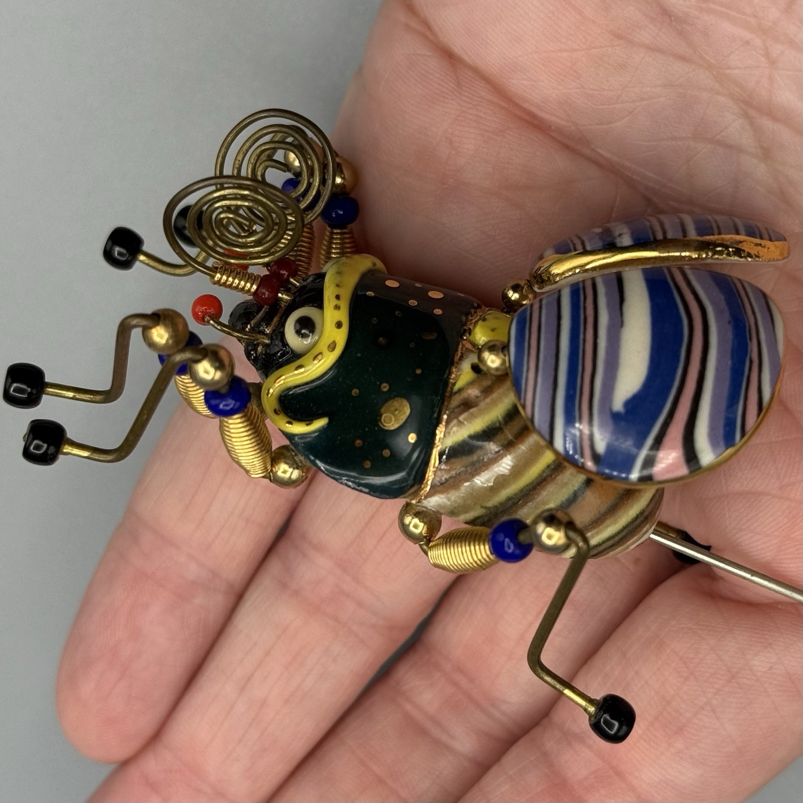 Cynthia Chuang Jewelry 10 Bee Beetle Pin 3″ Porcelain Glass Metal Whimsy Unique