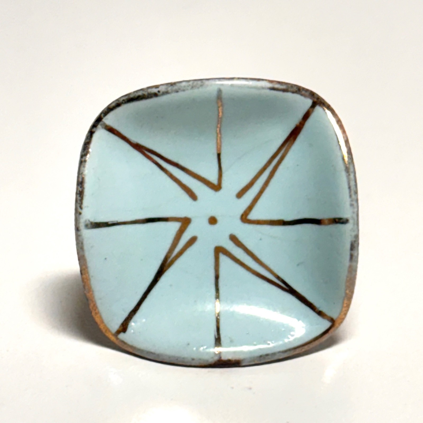 VINTAGE EARRINGS screw back MCM blue enamel goldtone edge ceramic unsigned pair
