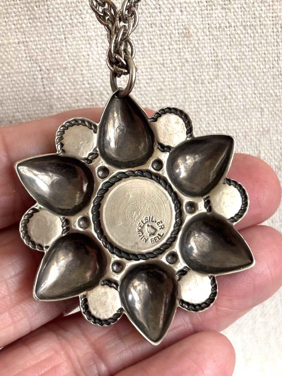 VTG Bell Trading Post Nickle Silver Faux Turquoise Pendant Signed Starburst