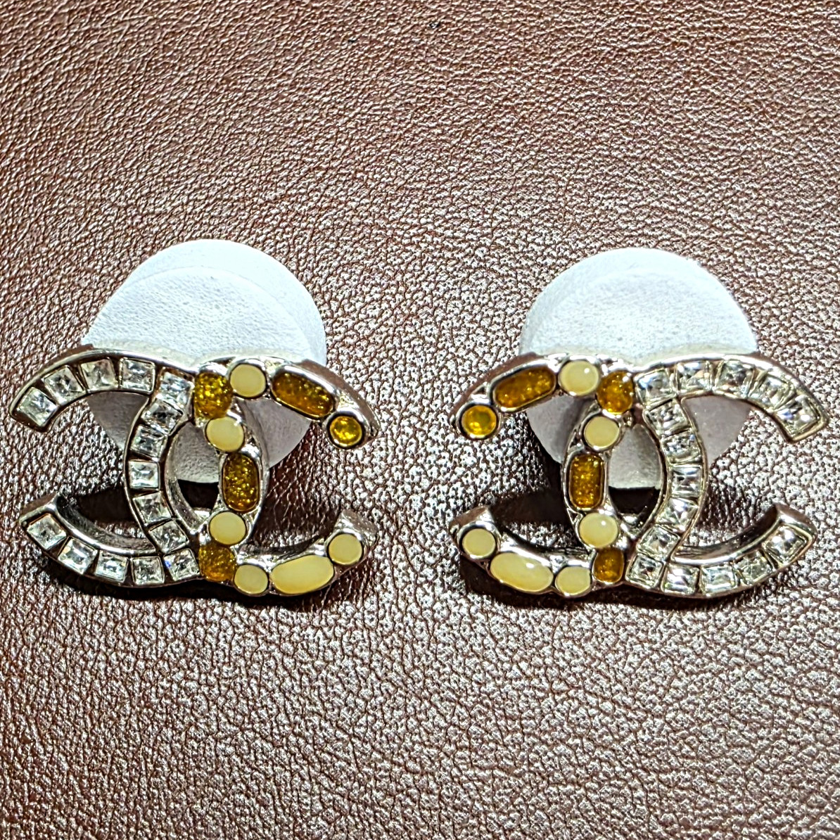 Inspired CC Logo Silver Tone Clear & Yellow Rhinestone Stud Earrings Butterfly