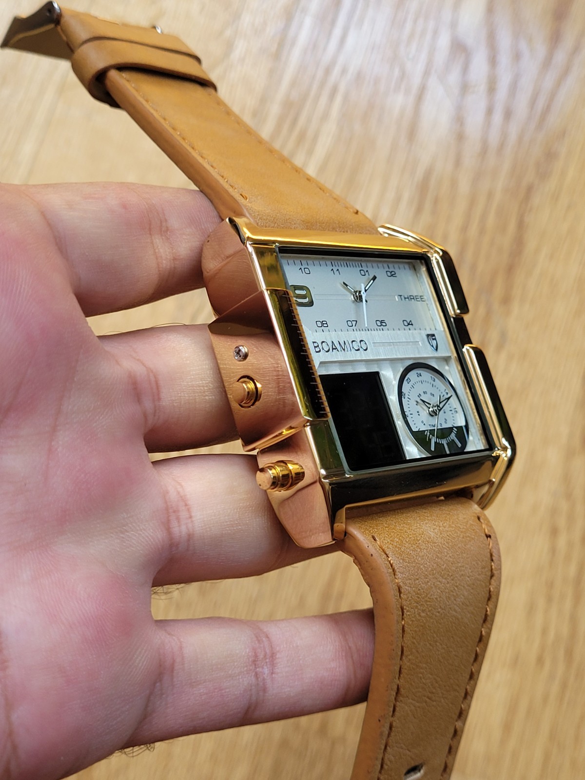 BOAMIGO Big Square Dial 3 TimeZone Stylish Watch For Men