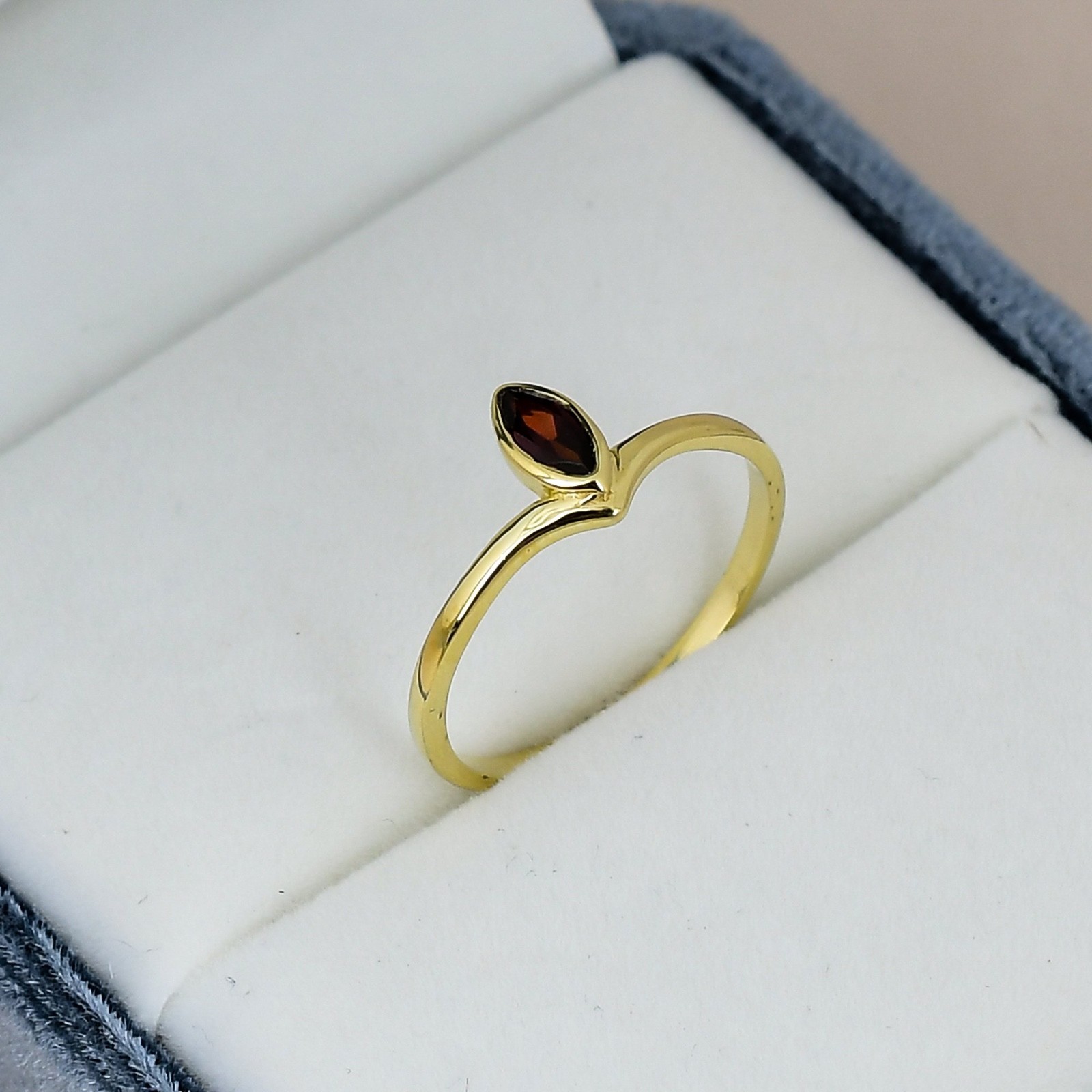Garnet Marquise Ring 3x6mm Bezel Set Minimalist January Birthstone Gold Ring
