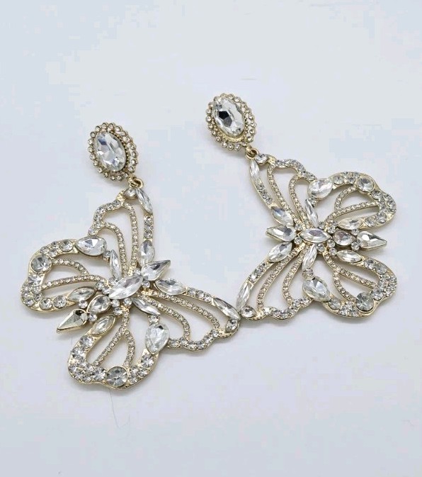 Butterfly Chandelier Earrings Crystal Pierced Gold Tone Dangling Bridal 3.75 in