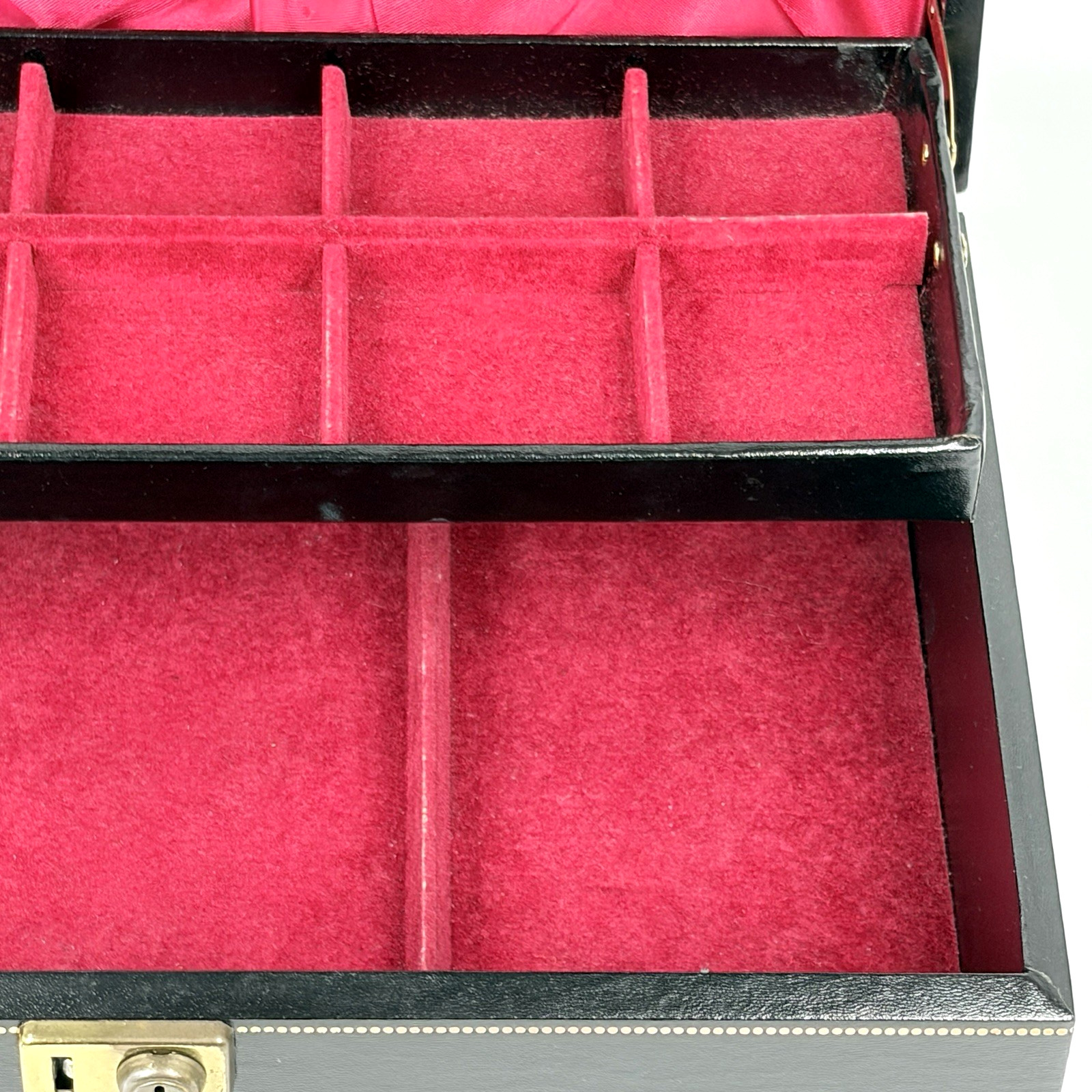 Vtg Black 2 Tier Jewelry Box Gold Clovers Dots Red Velvet Satin Lining NO Key