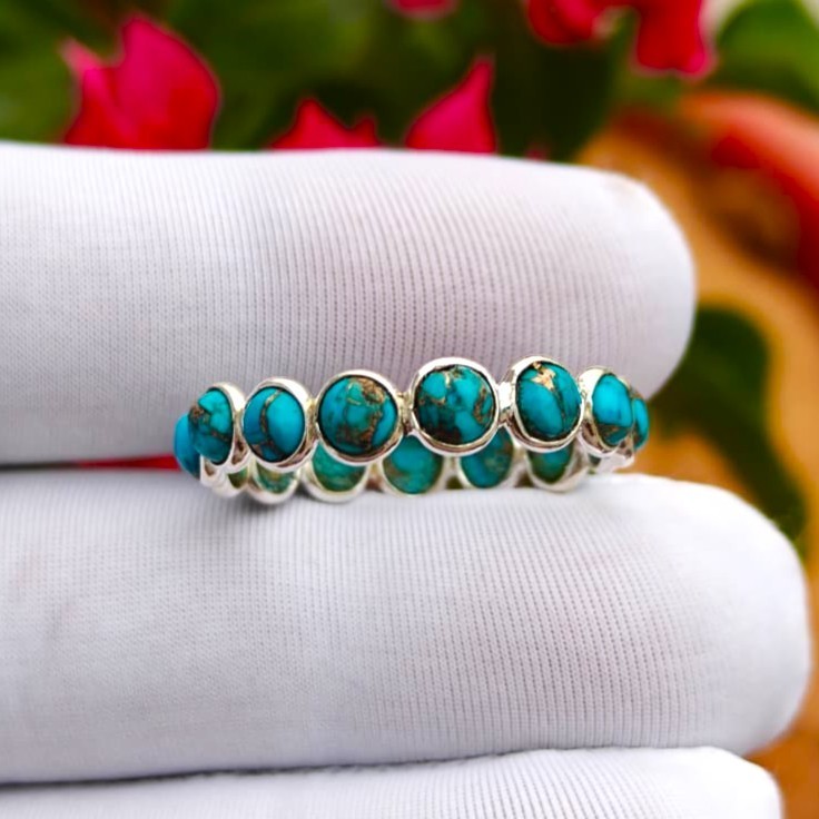Natural Handmade Blue Copper Turquoise Sterling Silver Full Eternity Band Ring