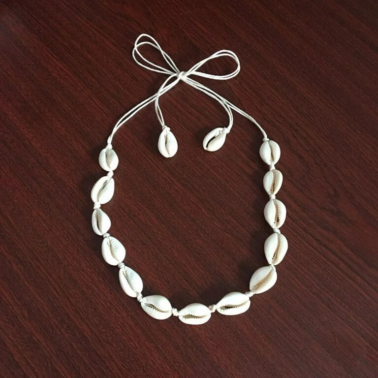 Cowrie Shell Choker Boho White String Necklace Surfer Beach Conch Puka, Hawaiian