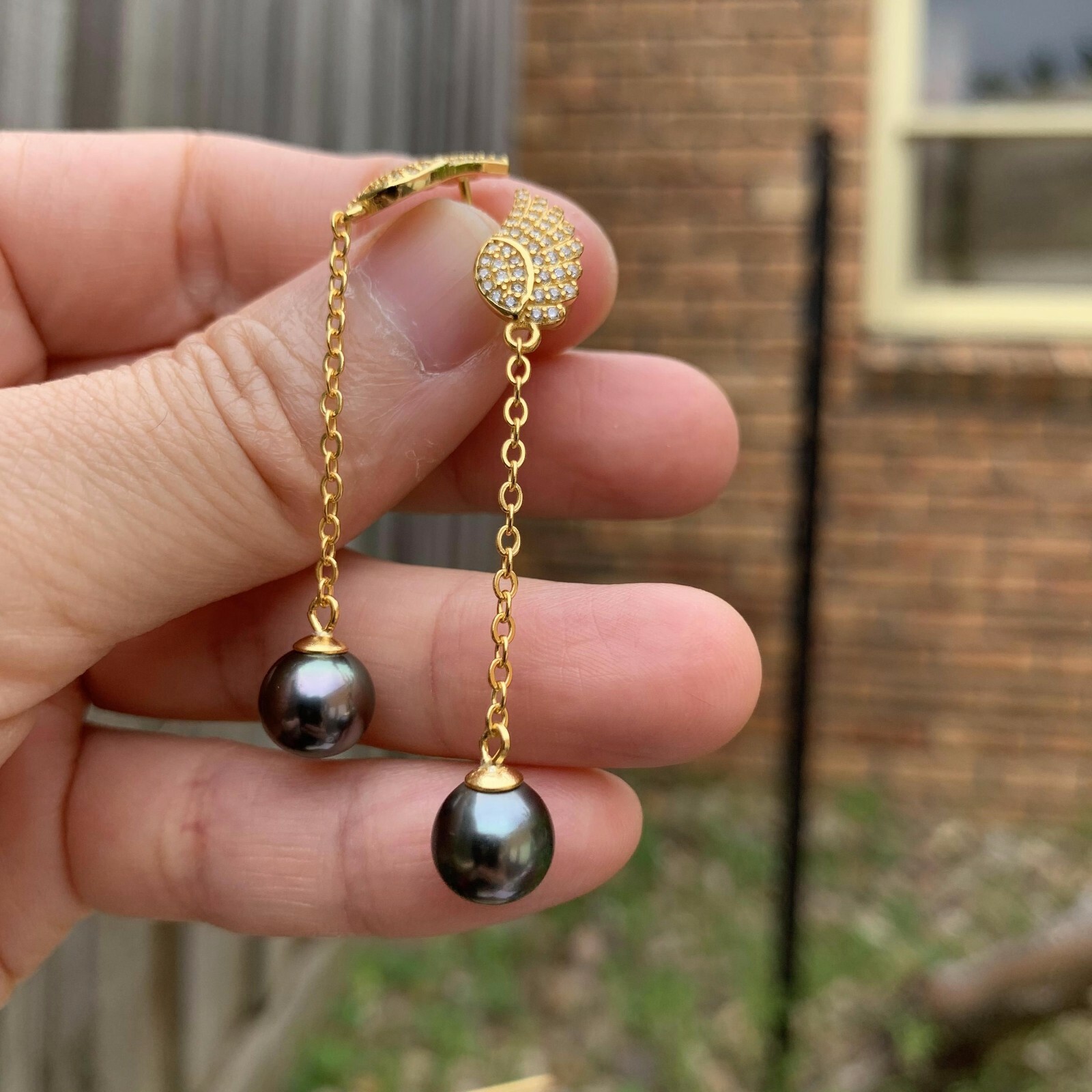 8.5~9mm Peacock Black Tahitian Pearl S925 Silver Angel Wing stud Earring Dangle