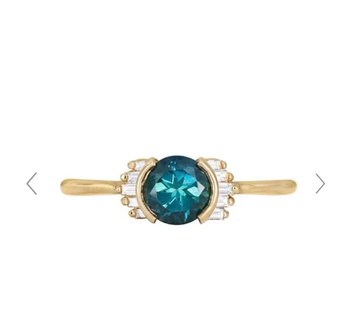 Audry Rose Teal Sapphire Baguette Ring (size 6), 18k yellow gold