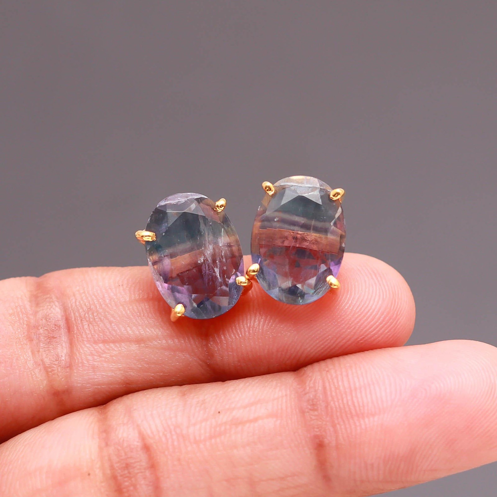 Natural Fluorite Oval Stud Earrings Gold Plated Solid Silver Designer Jewelry