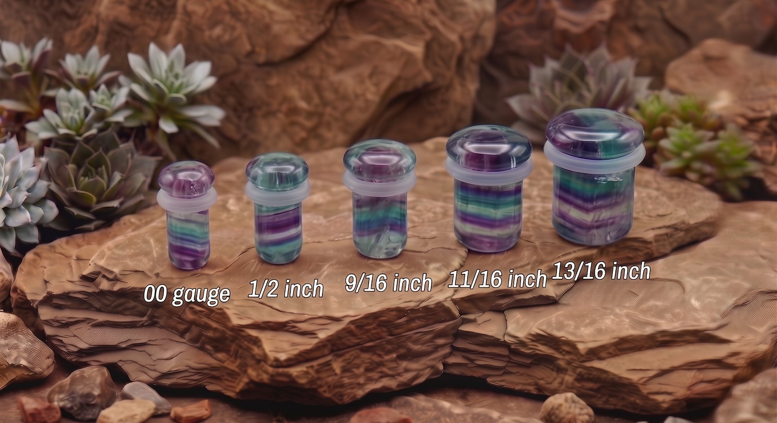 Pair of Rainbow Fluorite Single Flare Natural Stone Ear Plugs Expander E618A