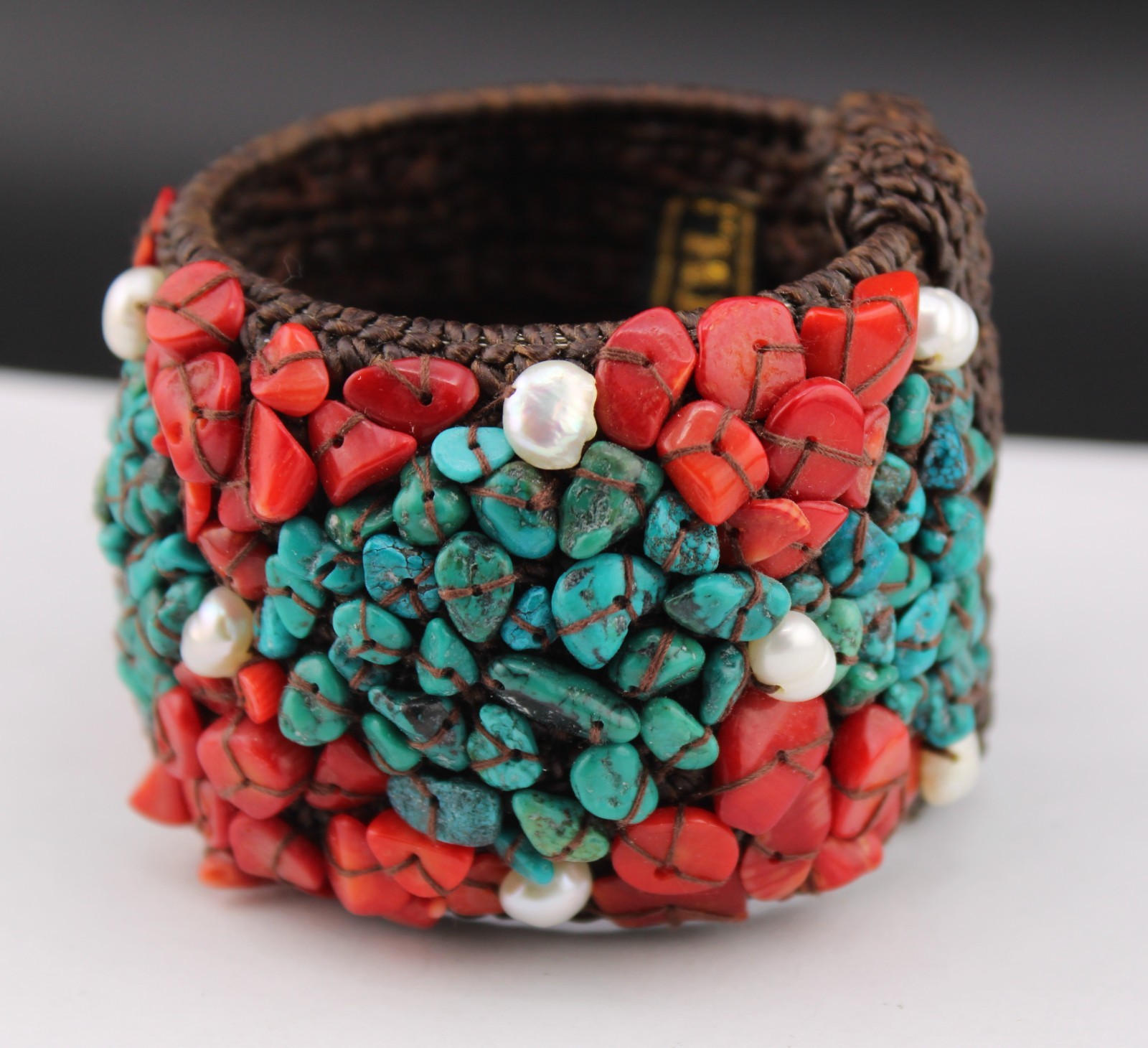 Chunky Soms Th Crochet Turquoise Coral Pearl Bead Cuff Southwestern Bracelet “