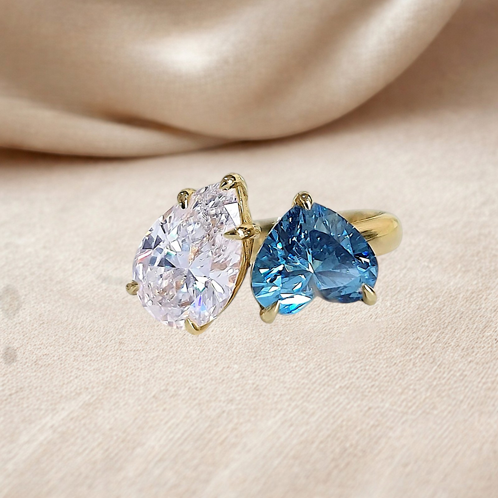 3.00 Ct Heart&Pear Cut 18K Yellow Gold Lab Grown Fancy Intense Blue Diamond Ring