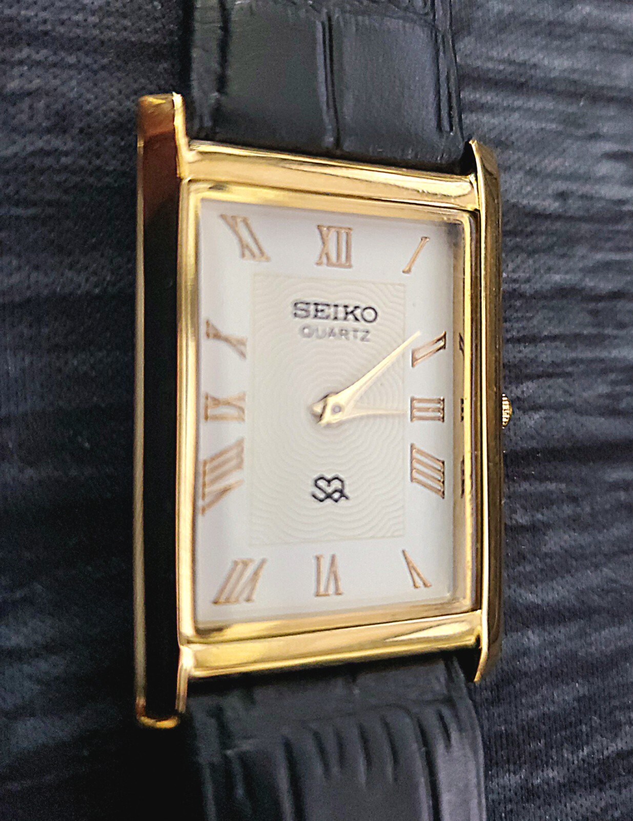 SQ Slim Dial New Batt & Movt Men’s Gold White Black Tank Dress Watch USA Seller