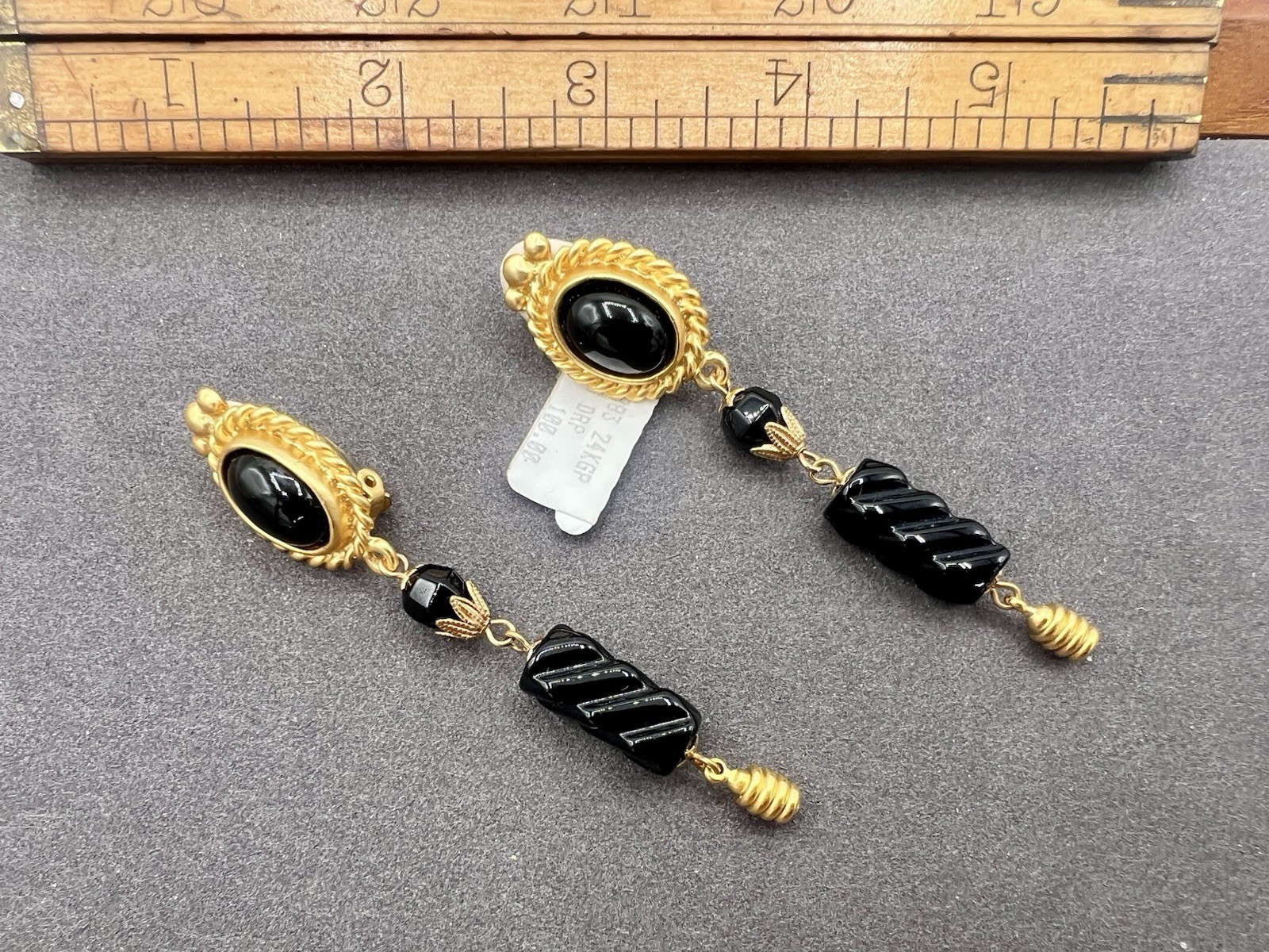 VTG 80s Saks Fifth Ave 24KGP Gold Black Bead Clip On Earrings Ro-Do $100 NOS OH