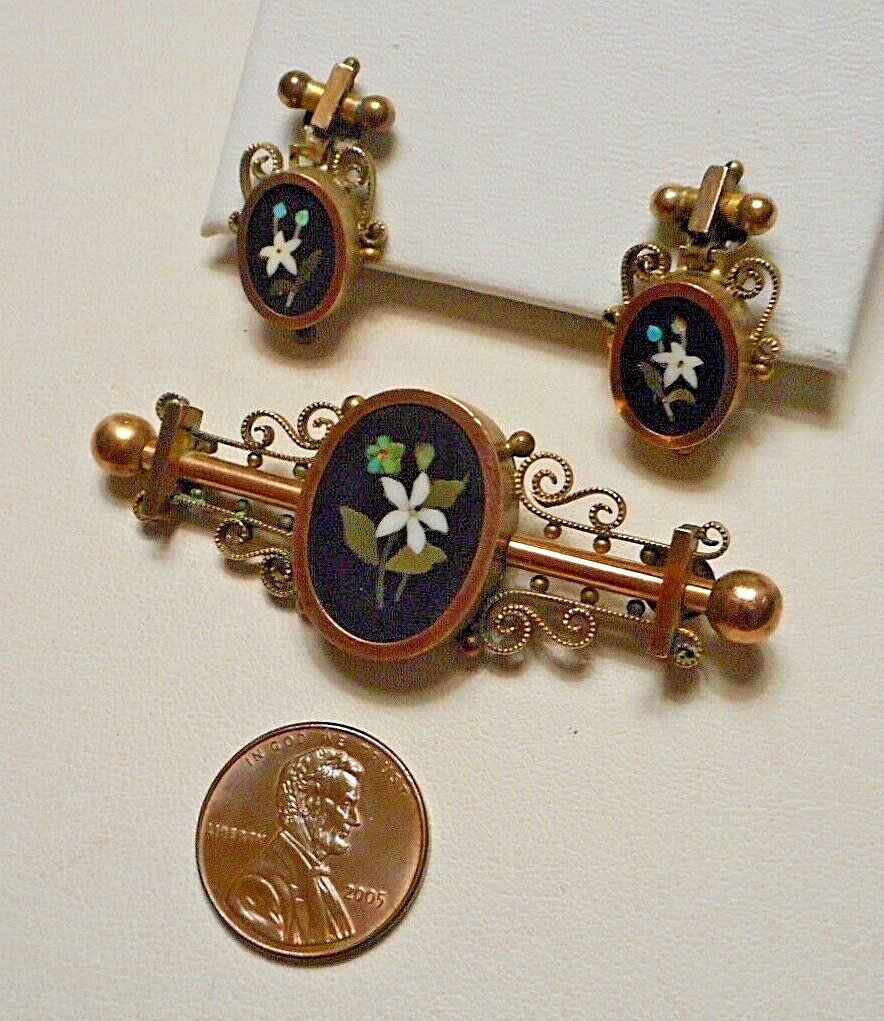 Antique Victorian Gold-Filled Italian Floral Micro Mosaic Brooch & Earrings Set