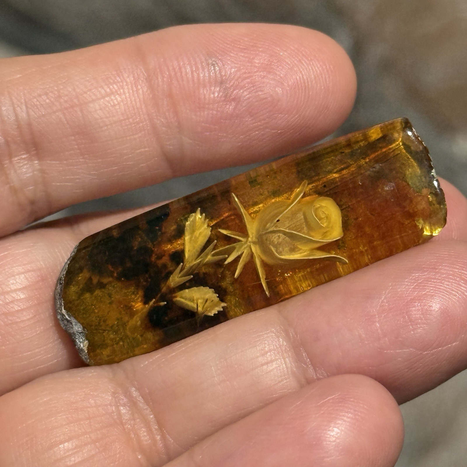 16.3ct 45.5x15x6mm Large Genuine Baltic Amber With Carved Rose Cabochon Gemstone