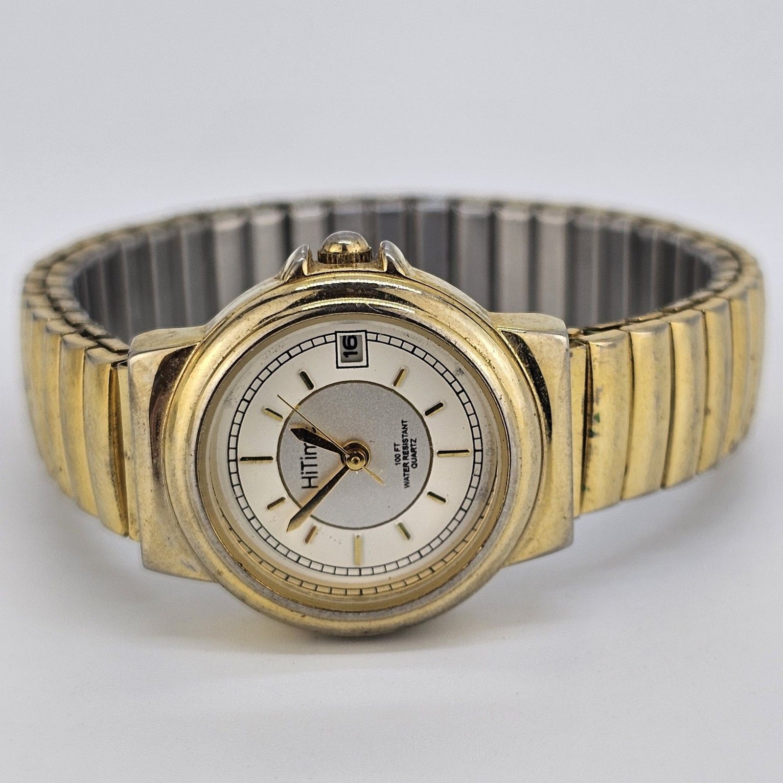 24MM Women’s Watch Gray Dial Gold Case Expandable Band Date 5.75″ New Battery