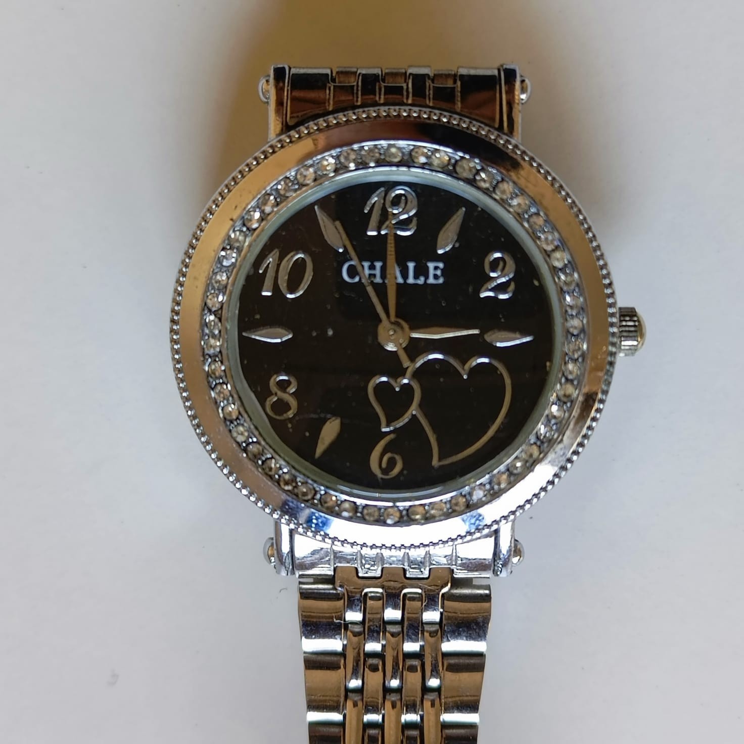 Chale Women’s Quartz Watch Silver Silver Tone Rhinestone Bezel Hearts Dial Steel