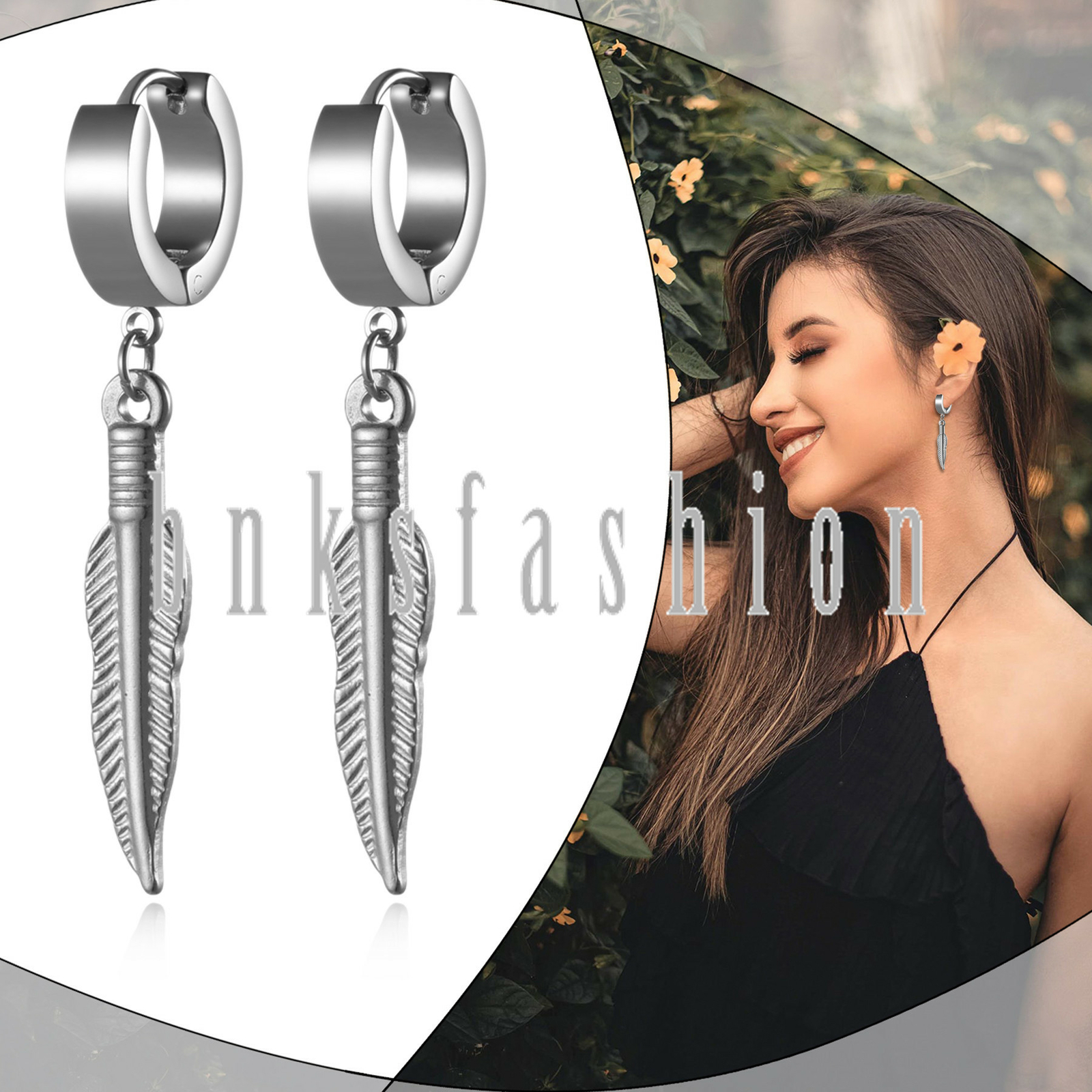 Men Women Feather Drop Dangle Earrings Stainless Steel Punk Hinged Hoop Huggie