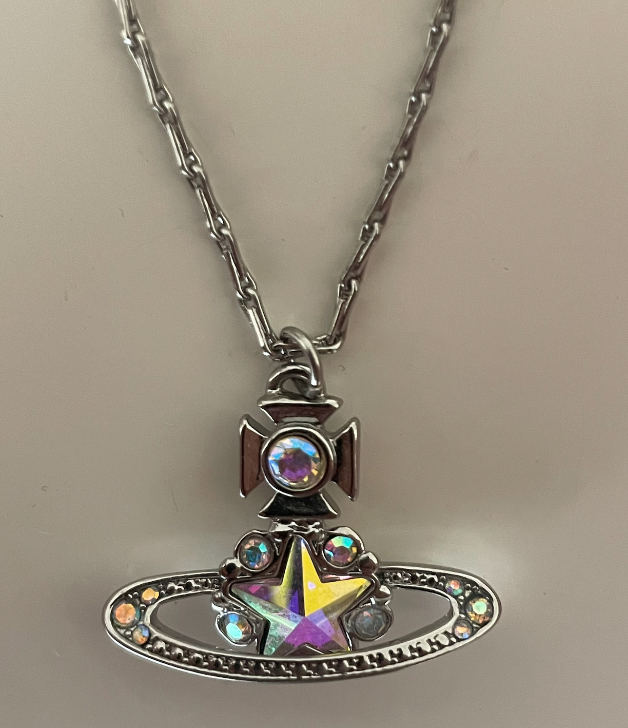 Vivienne Westwood Silver Crystal Star Orb Saturn Necklace Iridescent Rhinestone
