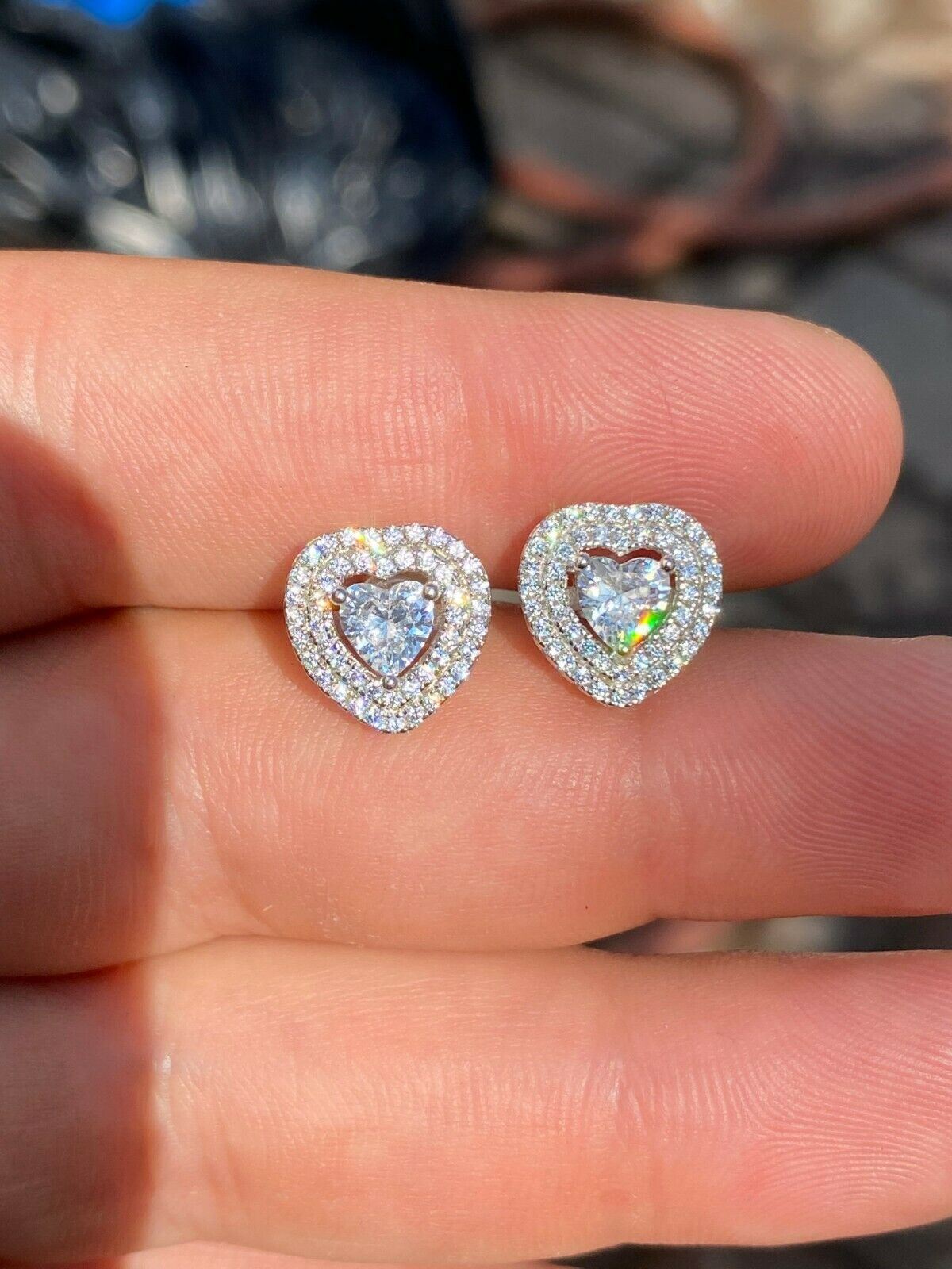 Real 925 Sterling Silver Heart Shape Earrings Large CZ Studs Iced Ladies Hip Hop