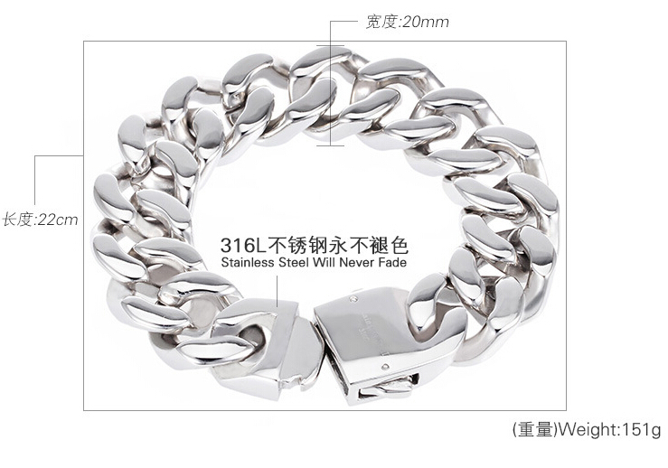 20mm 8.66” Pure Stainless steel Heavy Huge Curb Cuban Chain Bracelet Mens Gifts
