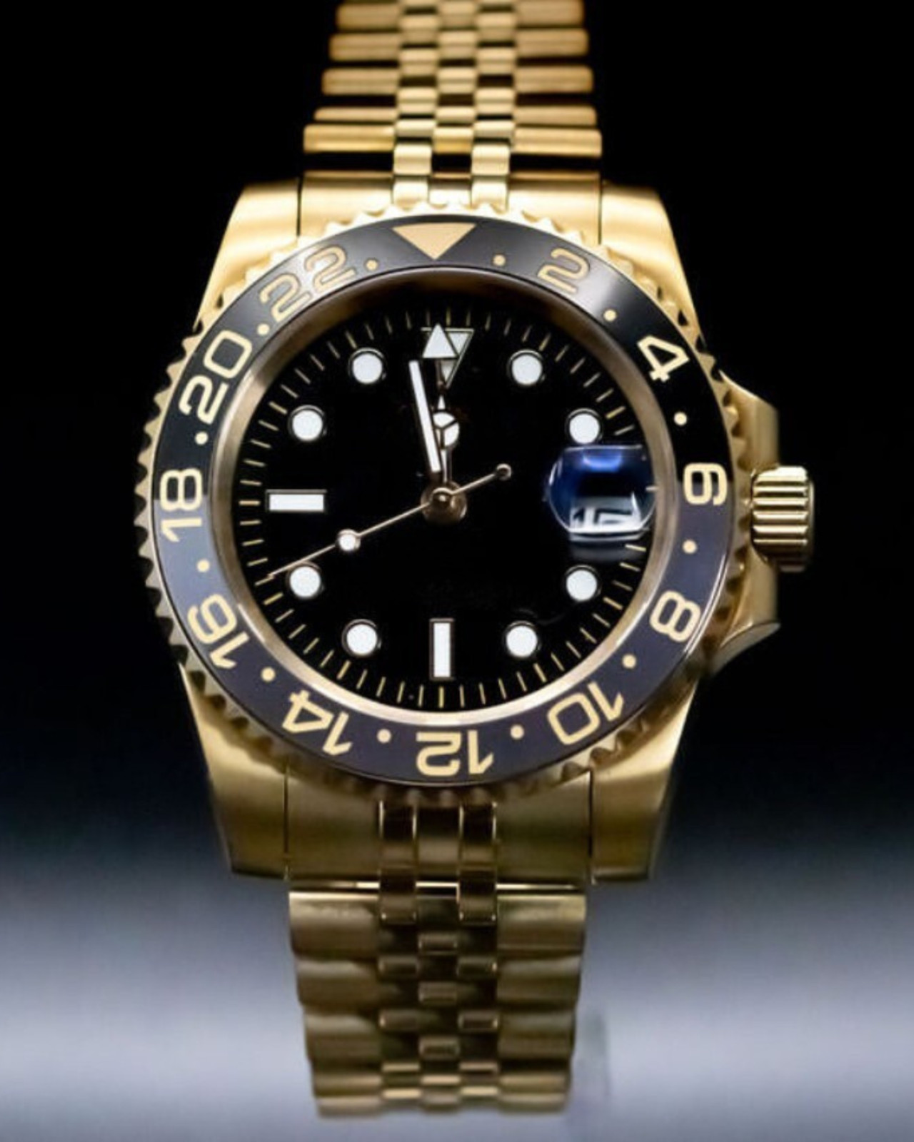 PrimeCrown Gold GMT Watch | Black 24h Bezel | Authentic Seiko NH34 Movement
