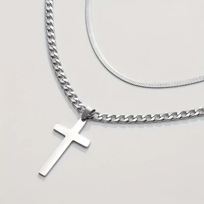 2 piezas collar colgante de cruz acero inoxidable para hombre, cadena de hip hop