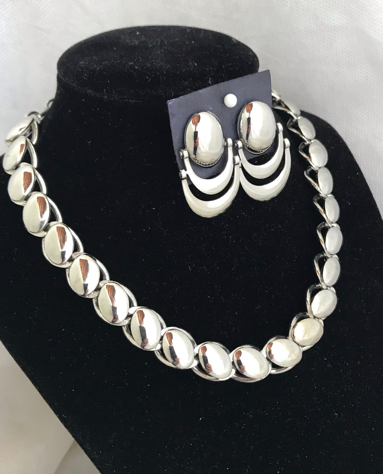 Vtg 1950-60s Shiny Choker Necklace Dangle Screw-back Earrings Cuban Chain Link