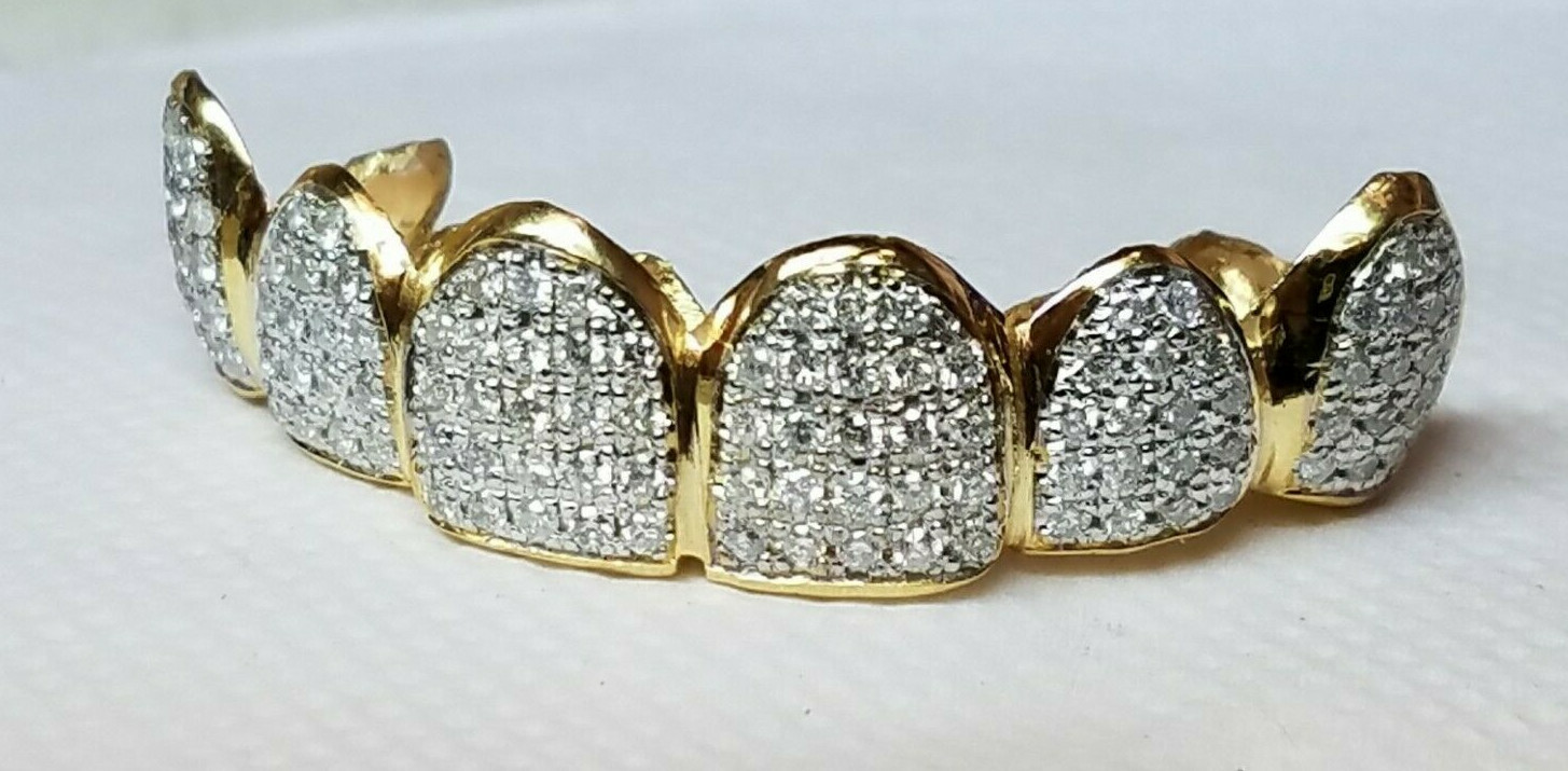 14K Solid Yellow or White Gold 6pc Top REAL Diamond GRILLZ Gold Teeth