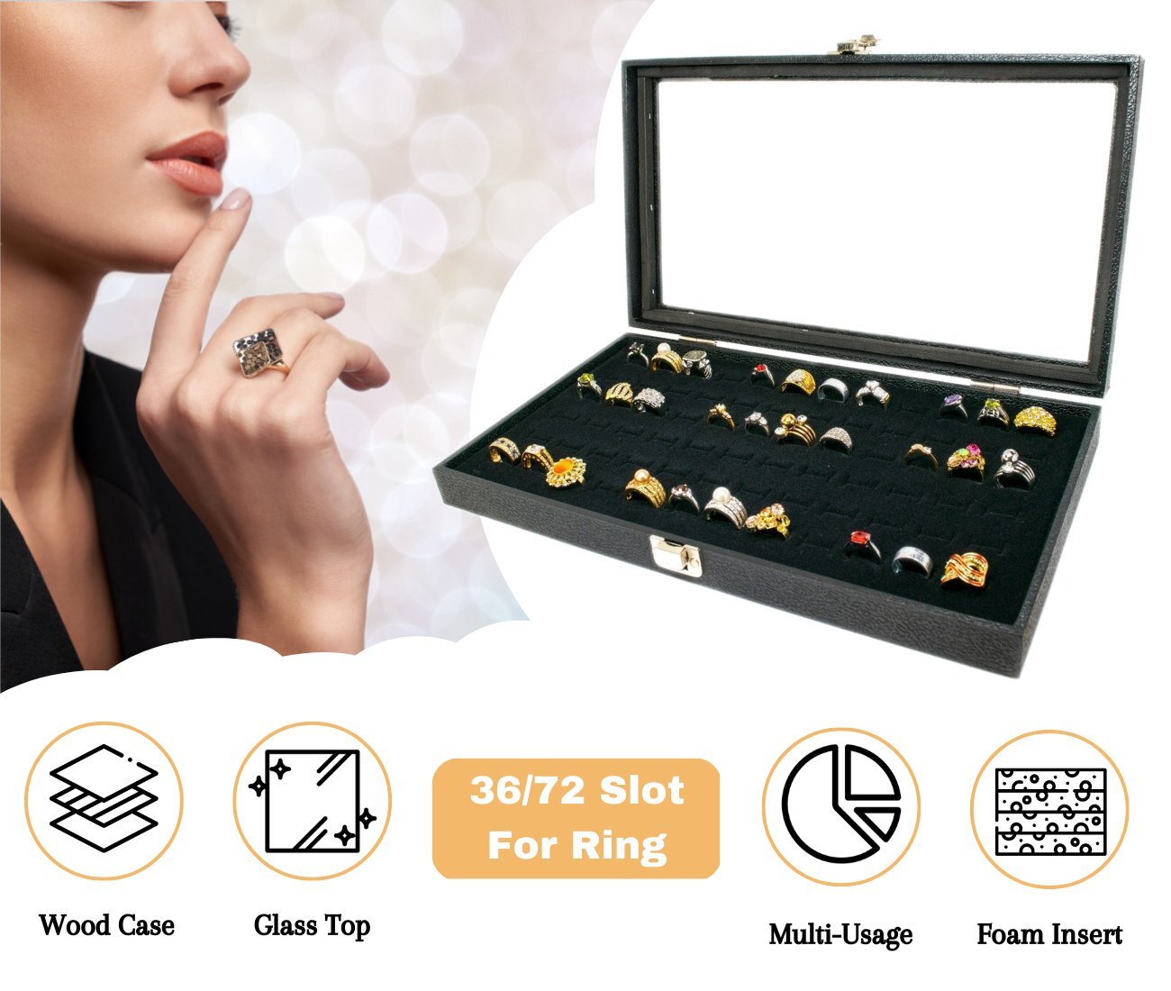 Novel Box Glass Top Black Jewelry Display Case With 36 or 72 Foam Ring Inserts
