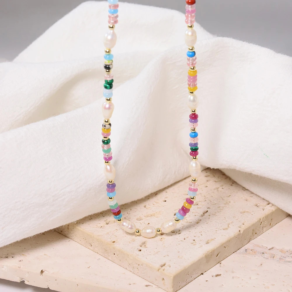 Colored Natural Stone Pearls Necklace Jewelry Women 18K Gold Plated Korean Desig