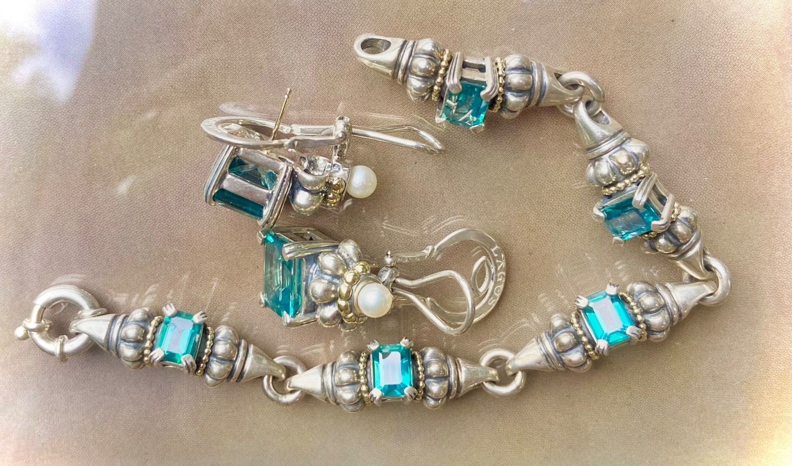 LAGOS CAVIAR Blue Topaz Sterling Silver 18k Gold Bracelet & Earrings Set