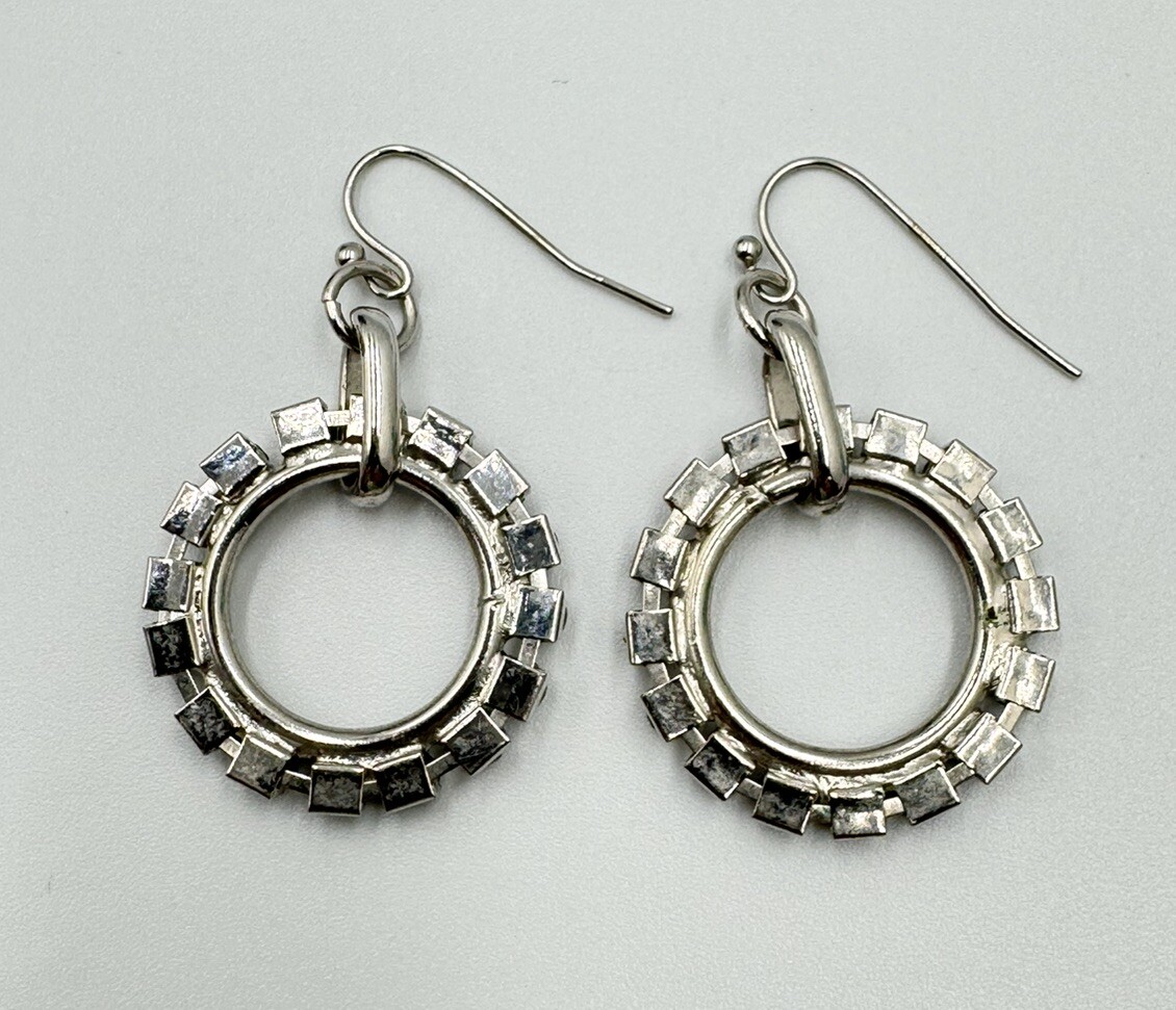 Silver Tone Gray Green Prong Set Pavé Crystal Glass Circle Dangle Earrings