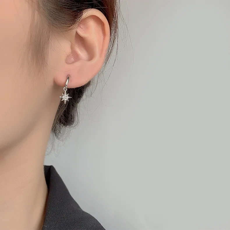 925 Sterling Silver Star Moon CZ Huggie Hoop Dangle Earrings Women Gift