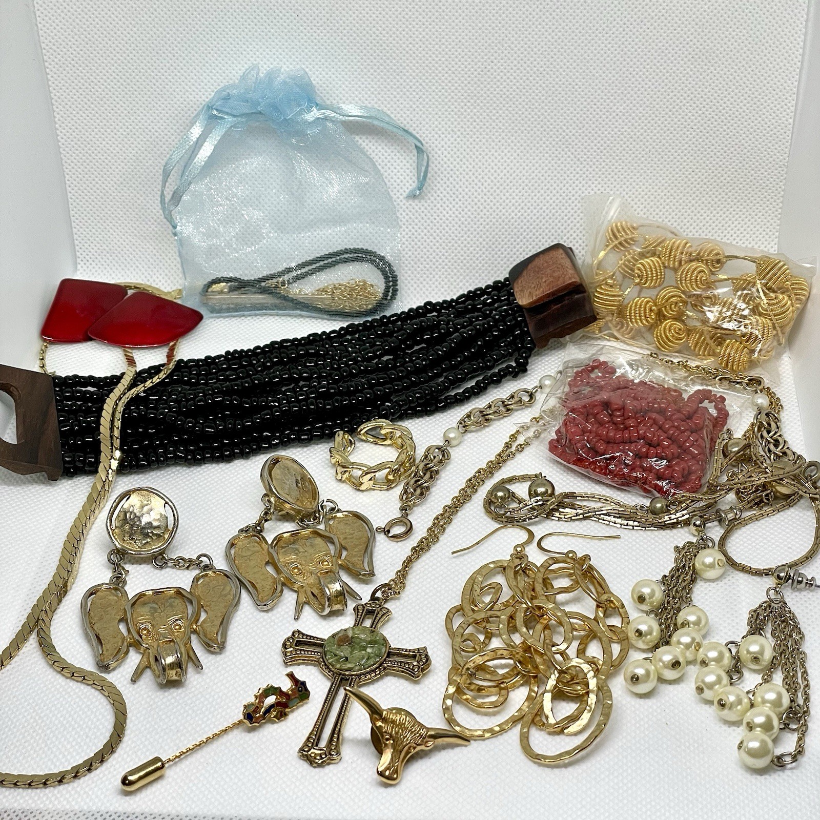 Artsy Costume Jewelry Lot 1/20 14K GF Bracelet Elephant Clip Ons Beads Boho Tin