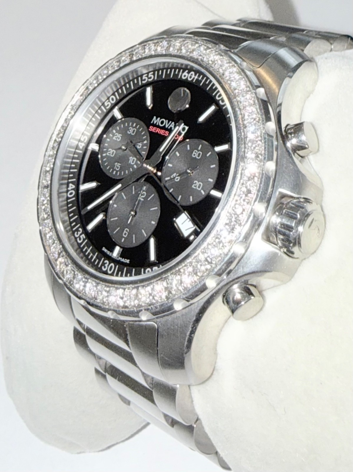 Authentic Movado Men’s Series 800 Chronograph Lab Grown Diamond Black Dial Watch