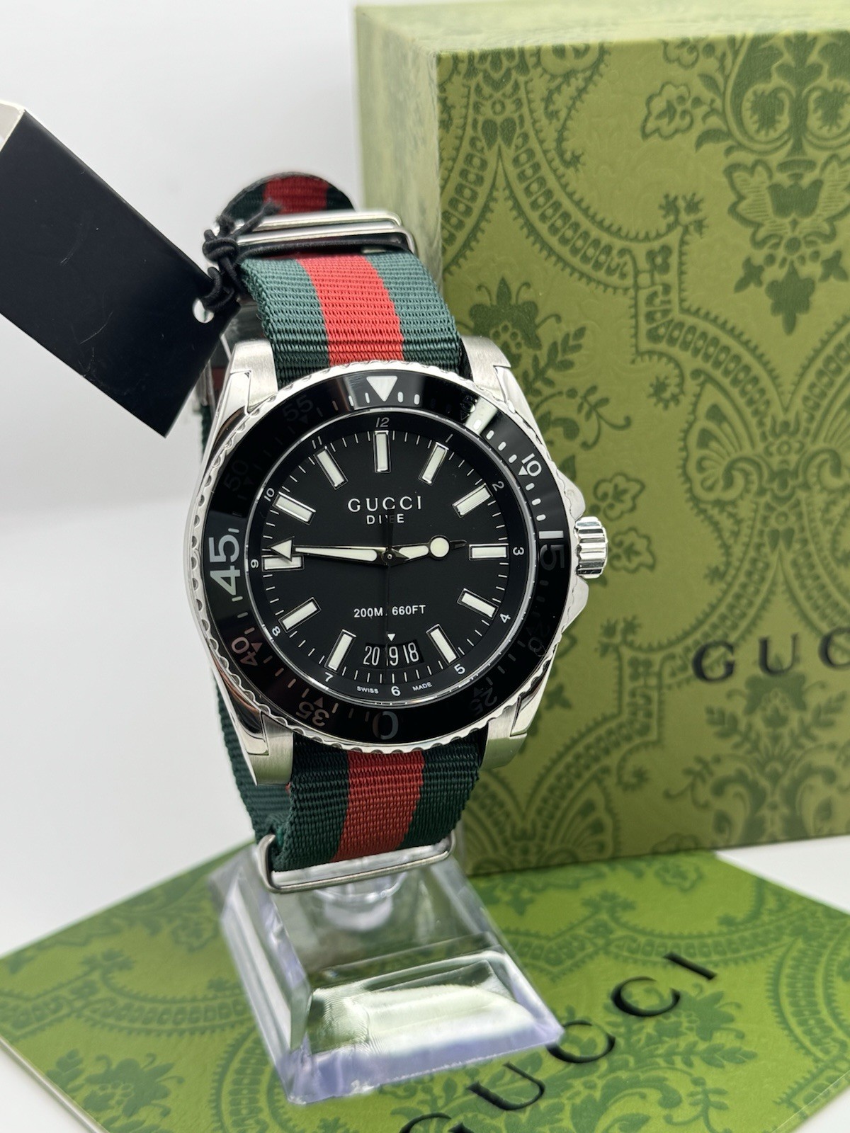 GUCCI YA136206 Dive Black Dial Red and Green Nylon Men’s Watch