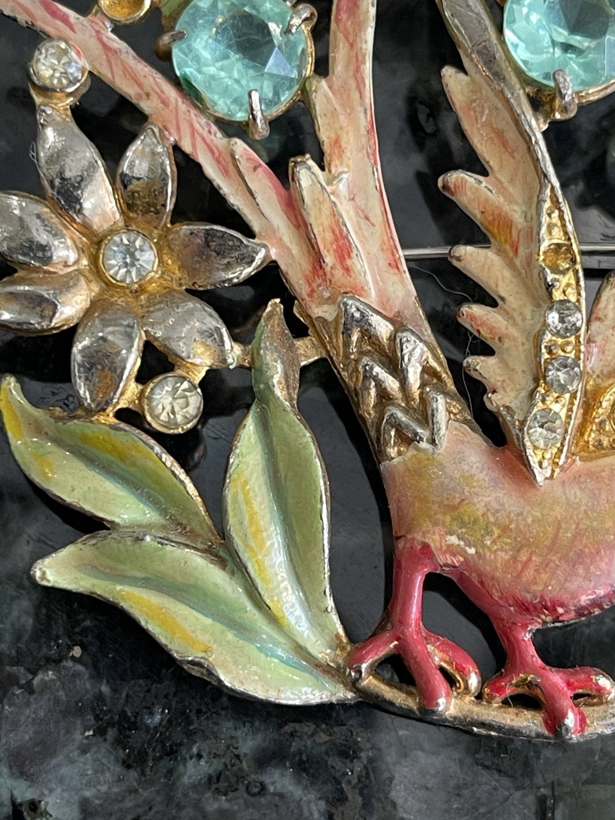 1940s Bird Of Paradise Eden Brooch Pot Metal Enamel Rhinestone Missing 3 Stones