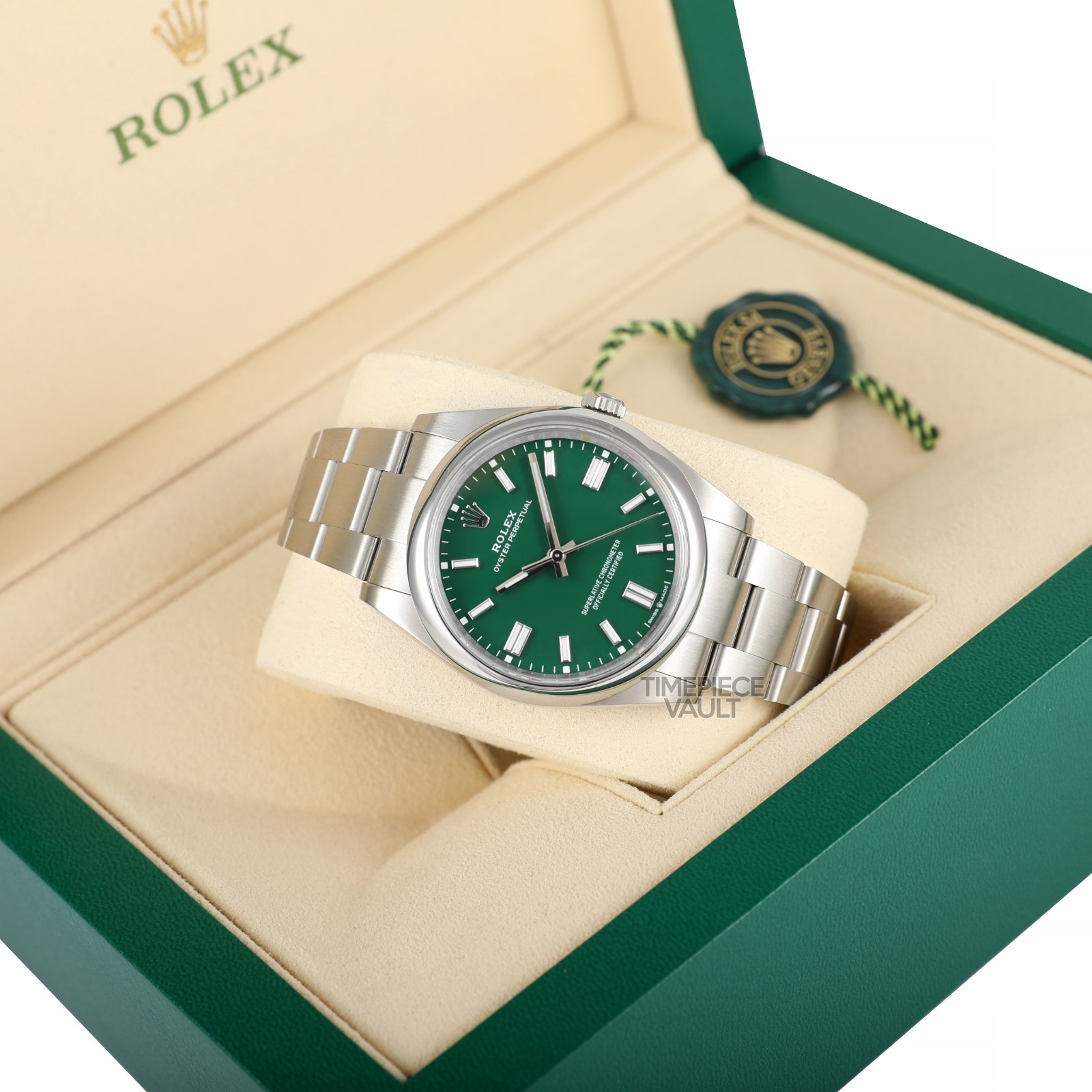 Rolex Men Oyster Perpetual 124300 Steel 41mm Watch Green Stick Index Dial B&P