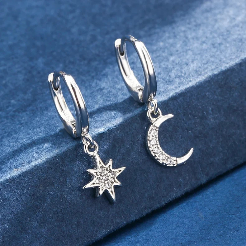 925 Sterling Silver Star Moon CZ Huggie Hoop Dangle Earrings Women Gift
