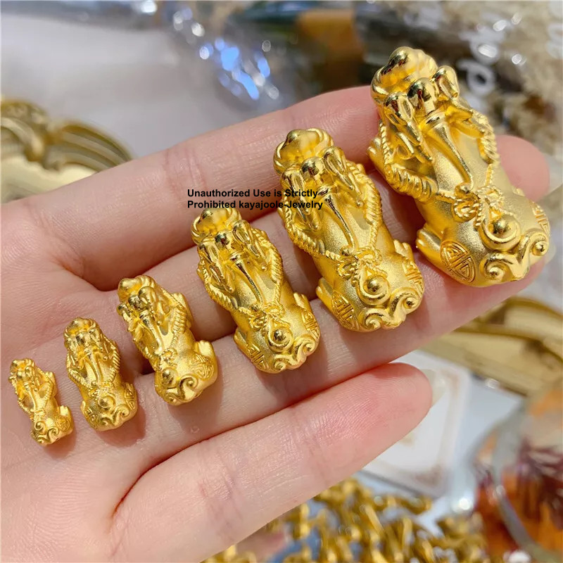 Fine Pure 24K 999 Yellow Gold 3D Wealth Dragon Pixiu Bead Pendant 6-24mm