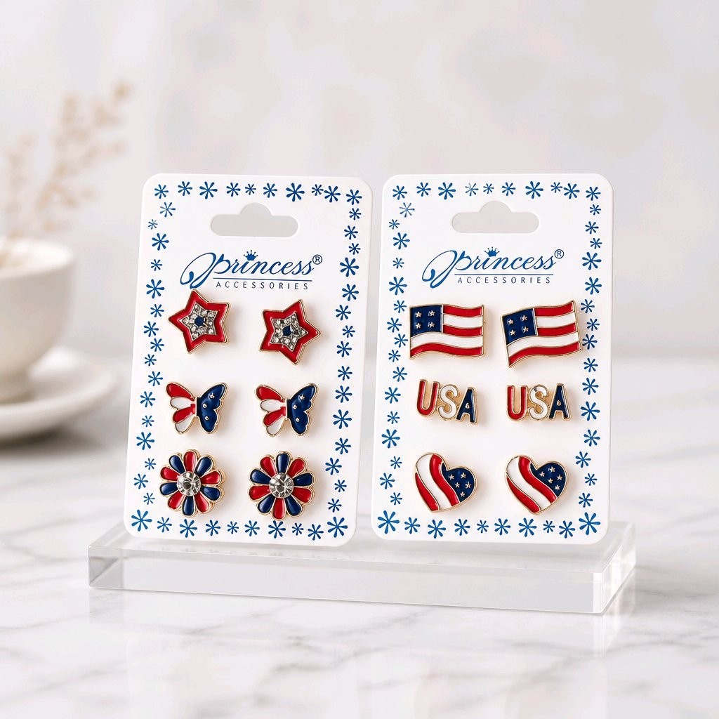 NWT Princess Accessories Patriotic Stud Earrings Set 4th of July USA Flag Star